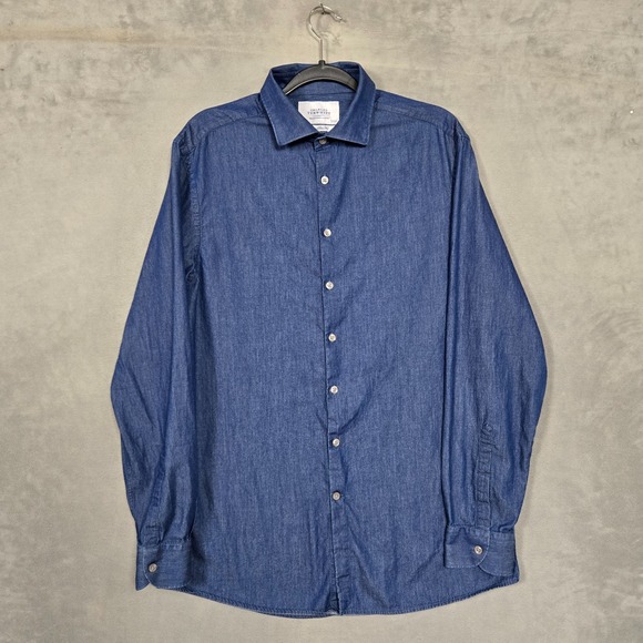 Charles Tyrwhitt Shirt Mens 16.5/36 L/S extra slim fit dark wash Blue Chambray - Picture 1 of 10